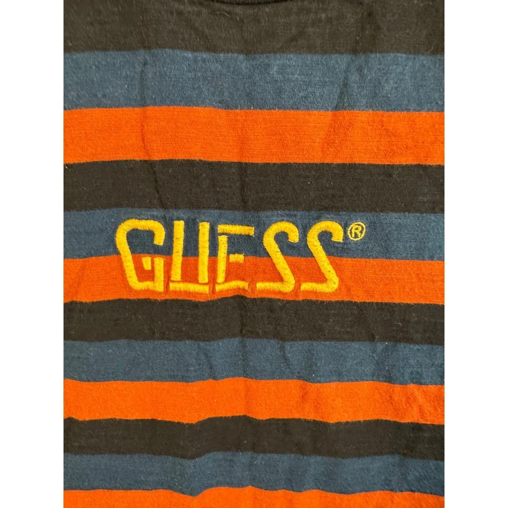 Guess Originals Mens Striped T-Shirt Orange Navy Black Embroidered Logo Large - Picture 6 of 9